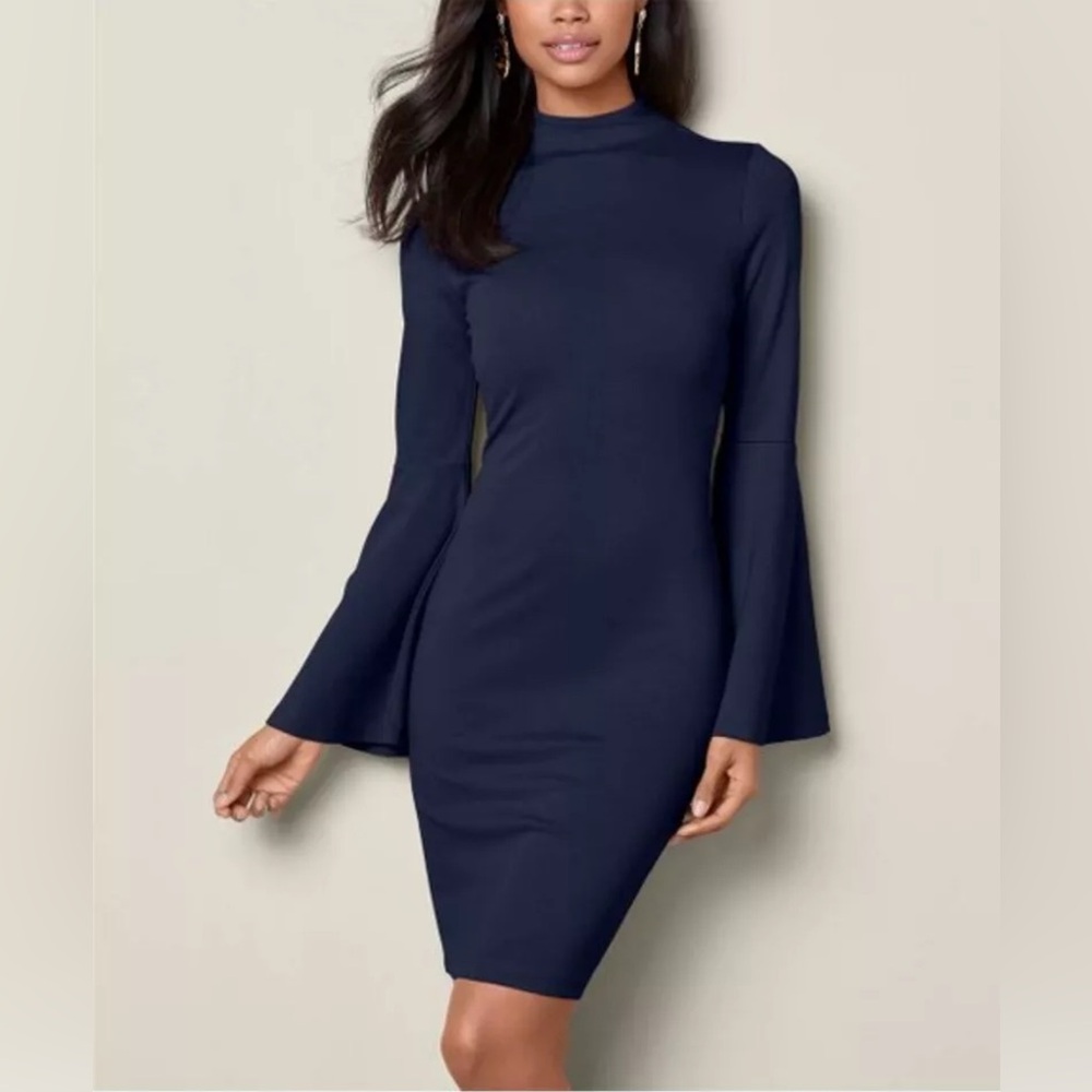 Venus Navy Blue Knit Sheath with Bell Sleeves